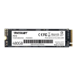SSD M.2 Nvme 480GB Patriot P310, Leitura: 1700MB/s e Gravação: 1500MB/s