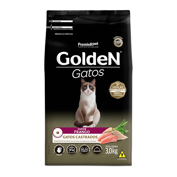 Ração Golden para Gatos Adultos Castrados Sabor Frango – 3Kg