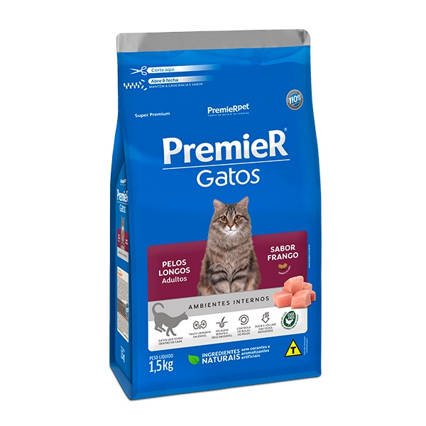 Ração Premier Ambientes Internos para Gatos Adultos com Pelos Longos Sabor Frango – 1,5Kg