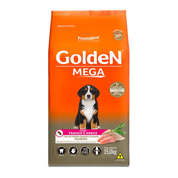 Ração Golden Mega para Cães Filhotes de Grande Porte Sabor Frango e Arroz – 15Kg