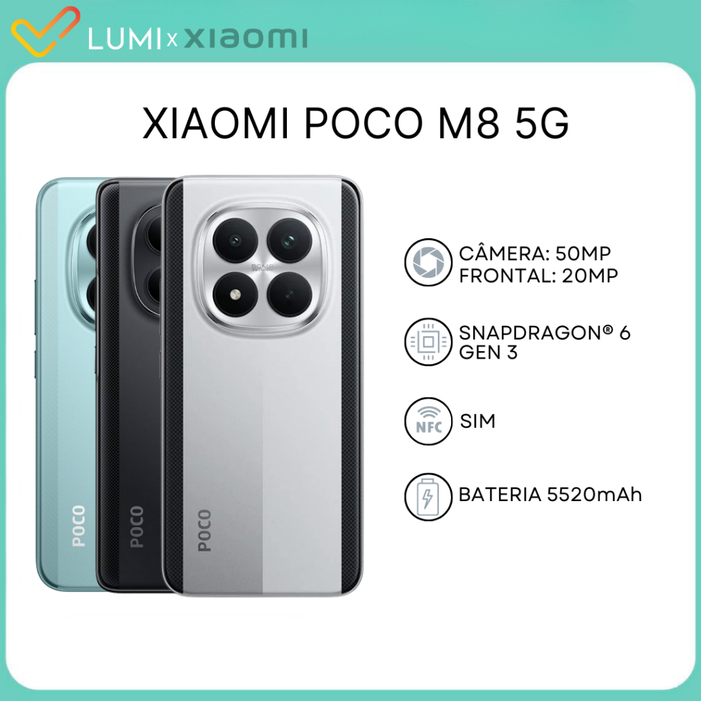 Xiaomi Poco M8 5G, Versão Global, 256GB/512GB + 8GB RAM, Processador Snapdragon 6 Gen 3, Câmera de 50MP, Bateria 5520mAh