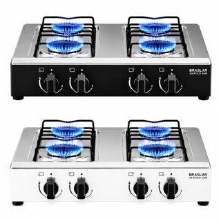 Fogão 4 Bocas Asiático Braslar a Gás Cooktop de Mesa Portátil Inox Preto e Branco