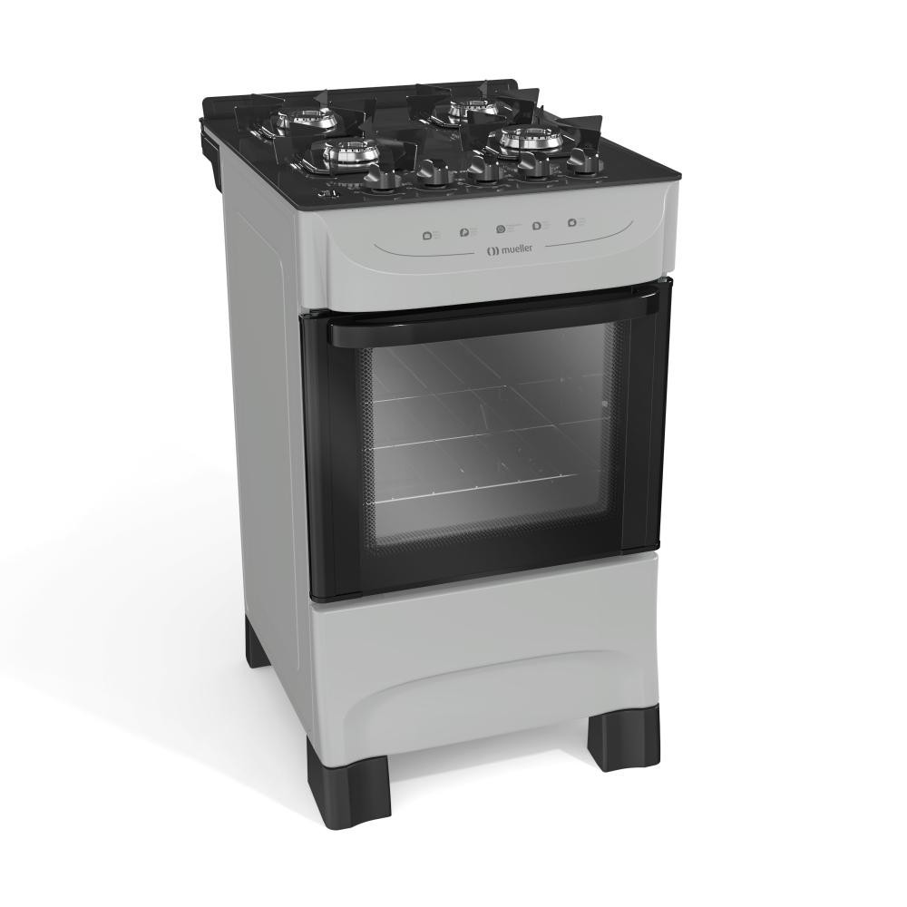 Fogão 4 Bocas Com Forno Mueller com Mesa de Vidro Bivolt Titânio – MFV4BB