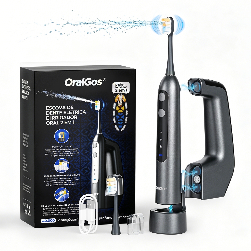OralGos Escova Elétrica e Irrigador Oral 2 em 1, 40000 Vibrações Recarregável USB