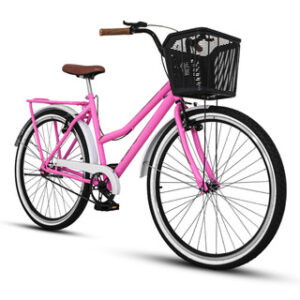 Bicicleta Aro 26 Feminina Retrô Vintage Passeio com Cesta Bagageiro V-Brake Urbana Confortável Adulta Bike