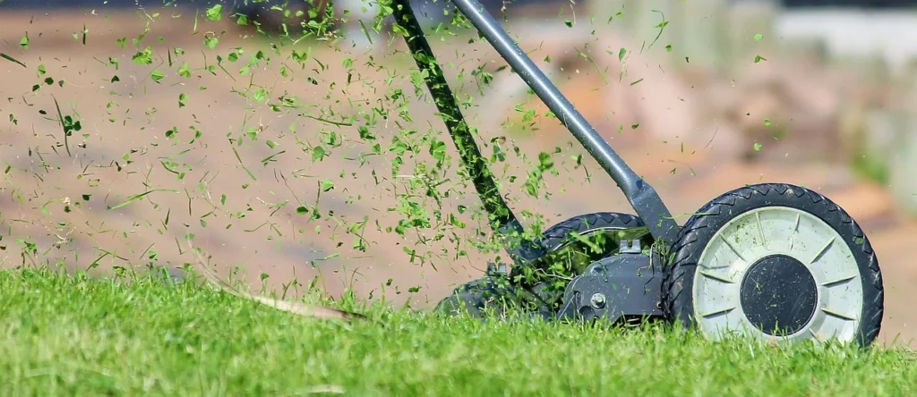 Cortador de grama elétrico com fio enrolado, pronto para usar em jardim.